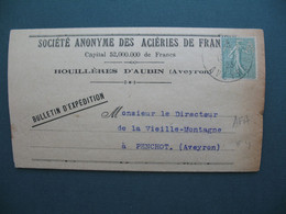 Semeuse Perforé AFA 84  Lettre Aubin Aveyron  Société Anonyme Des Aciéries De France  1923 - Brieven En Documenten