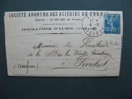 Semeuse Perforé AFA 84  Lettre   Société Anonyme Des Aciéries De France  1921 - Lettres & Documents