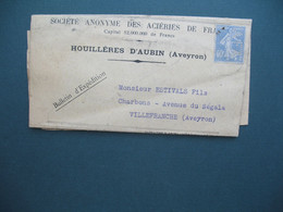 Semeuse Perforé AFA 84  Lettre   Société Anonyme Des Houillères Et Fonderies De L'Aveyron - Houillères D'Aubin  1929 - Cartas & Documentos