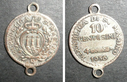 Rare Variété à 2 Anneaux, Ancienne Médaille, 10 Centesimi 1936, REPUBLICA DE SAN MARINO "R", Monnaie - Autres & Non Classés