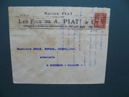 Semeuse Perforé AP 153  Sur Lettre  A. Piat Et Fils - Maison Piat Les Fils De A. Piat 1920 - Cartas & Documentos