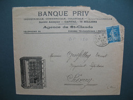 Semeuse  Perforé BP 150   Sur Lettre De St Claude Illustrée Banque Privée Industrielles - Commerciale - Coliniale   1922 - Storia Postale