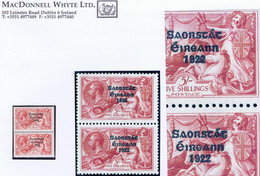 Ireland 1927-28 Narrow Date Saorstat Ovpt On Seahorse 5s, Vert Pair Characteristic Of Composite Setting Mint - Ongebruikt