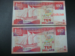 SINGAPORE $10 BANKNOTE  X2  (ND)  SHIP SERIES, USED & POOR CONDITION - Singapour