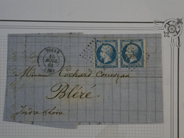 BN16 FRANCE BELLE  LETTRE 1864 TOURS  A BLERé +PAIRE N°14 +AFFRANCH. INTERESSANT - 1853-1860 Napoléon III