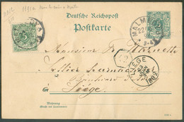 E.P. Carte Allemagne 5 Pfg + 5pfg Obl. Sc MALMEDY 22-6-1892 Vers Liège (Cantons De L'Est)     - 20758 - Cartes Postales 1871-1909