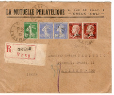 PM207/TP Type Caisse Amortissement- Semeuse S/L.Recommandée Mutuelle Philatélique Obl.Dreux 1930 Verso Visitez L'Algérie - Brieven En Documenten