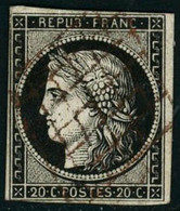 Obl. N°3 20c Noir, Obl Grille Rouge, Qualité Standard - B - 1849-1850 Cérès