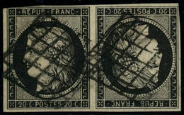 Obl. N°3e 20c Noir S/blanc, Paire Tête-bêche, Petites Marges Signé Roumet, Scheller - B - 1849-1850 Ceres