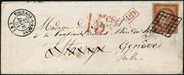 Lettre N°5d 40c Orange 4 Retouché, Obl Grille S/lettre De Tournon S/rhone 27/1/51 Pour Genève Réexpédier Et Taxée (15c)  - 1849-1850 Cérès