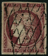Obl. N°6 1F Carmin Foncé, Obl Grille Sans Fin, Signé Brun - TB - 1849-1850 Cérès
