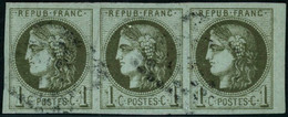 Obl. N°39C 1c Olive R3 Bande De 3 - TB - 1870 Bordeaux Printing