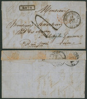 LAC Non Affranchie + Cachet Ambulant "Ambt. Du Midi N°1" (1856) + Griffe Encadrée MONS > Paris / Port 4 Décimes - Bahnpoststempel