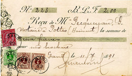 BELGIQUE - COB 44X2+45+46 SIMPLE CERCLE GAND SUR RECU, 1891 - 1884-1891 Leopoldo II