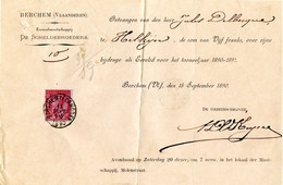 BELGIQUE - COB 46 SIMPLE CERCLE BERCHEM (FLANDRE) SUR RECU, 1890 - 1884-1891 Leopold II
