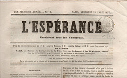 Journal L'Espérance Du 24 Avril 1857, Avec Timbre Humide " Timbre / Impérial 6 Centimes" - Zeitungsmarken (Streifbänder)