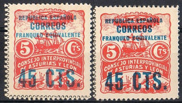 Dos Sellos ASTURIAS Y LEON, Variedad Color Sobrecarga , Guerra Civil,  Franqueo Equivalente 45 Cts * - Asturië & Leon