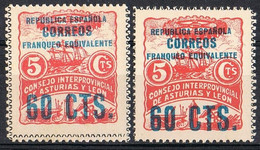 Dos Sellos ASTURIAS Y LEON, Variedad Color Sobrecarga , Guerra Civil,  Franqueo Equivalente 60 Cts * - Asturias & Leon