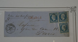 BN17 FRANCE BELLE LETTRE CHARGEE 1860 POUILLY A PARIS+NAPOLEON N°14 +CACHET CIRE ++AFFRANC.INTERESSANT + + - 1853-1860 Napoleon III