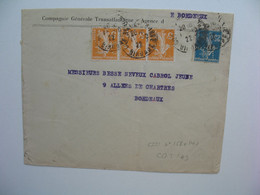 Semeuse   perforé CGT149 Sur Lettre Compagnie Génrale Transatlantique  Agence De Bordeaux  1922 - Brieven En Documenten