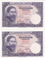 CRBS0627 BILLETES ESPAÑA PAREJA CORRELATIVA 25 PESETAS 1954 SIN SERIE SIN CIRCULAR - 25 Pesetas