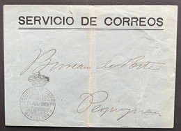 1909 FRANQUICIA ESTAFETA CAMBIO BARCELONA. SERVICIO CORREOS. A PERPIGNAN. - Franchise Postale