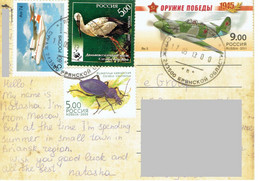 C5 :Russia - Military War Airplane, Stork Bird, Insect, Small Airplane Stamps Used On Postcard - Briefe U. Dokumente