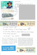 C6 : Japan - Airport, Hostess, Sterward, Airplane, Train, Railway Locomotive Stamps Used On Postcard - Lettres & Documents