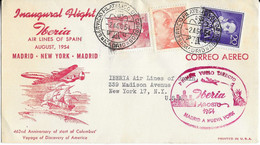 ESPAGNE VOL INAUGURAL IBERIA MADRID NEW YORK MADRID - ENVELOPPE ILLUSTREE CARAVELLE DE COLOMB STATUE DE LA LIBERTE 1954 - Cartas & Documentos