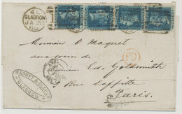 GB 1865, QV 2d Blue Pl.9 (two Vertical Pairs: "SD-TD", "SE-TE") As Rare Multiple Postage (2nd Weight Rate) On Superb - Storia Postale