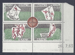 MONACO - N° 628/31 - BLOC De 4 COIN DATE - CENTENAIRE FOOTBALL - NEUF SANS CHARNIERE - 26/7/63 - 2 Traits - Unused Stamps