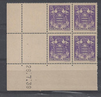 MONACO - ARMOIRIES N° 158A - Bloc De 4 COIN DATE - NEUF SANS CHARNIERE - 26/7/39 - Unused Stamps