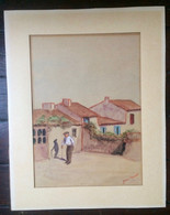 AQUARELLE SIGNE JEAN FARRET ORIGINAL 32,5 X 41 Cm Village Ancien Canne Ombre - Aquarelles