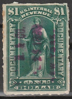 USA 1898 Fiscal Documentary 1 Dollar Dark Green. Used R173 . Poor Right Upper Corner - Fiscal