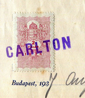 BUDAPEST (1934) : TIMBRE FISCAL Sur FACTURE " HÔTEL CARLTON " - Revenue Stamps