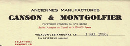 1936 ENTETE ANC. MANUFACTURES Canson Et Montgolfier Vidalon Les Annonay Ardèche > Papiers Photos Le Creusot V.HISTORIQUE - 1900 – 1949