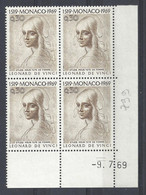 MONACO N° 799 - OEUVRE De LEONARD De VINCI - BLOC De 4 COIN DATE - NEUF SANS CHARNIERE - 9/7/69 - 2 Traits - Unused Stamps