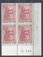 MONACO N° 800 - OEUVRE De LEONARD De VINCI - BLOC De 4 COIN DATE - NEUF SANS CHARNIERE - 12/8/69 - 1 Trait - Unused Stamps