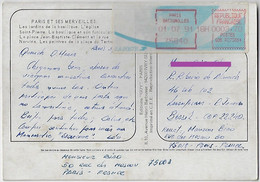 France 1991 Postcard Sent From Paris Agency Batignolles To Rio De Janeiro Brazil Meter Stamp Comet Tail Label 3,7 Francs - 1988 Type « Comète »
