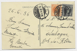 LUXEMBOURG 15C+20C CARTE ESCH S/SURE 26.6.36 TO FRANCE - 1926-39 Charlotte De Profil à Droite