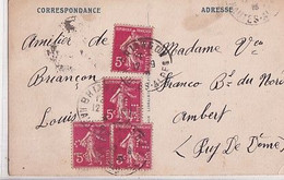4 SEMEUSES 5 C             PERFORE  CL SUR CARTE DE BRIANCON - Used Stamps