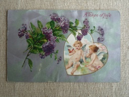 A Token Of Love Embossed Valentine Heart  Angels Watching Butterfly, Purple Flowers Chicago 1909. Voir Photos - Saint-Valentin