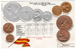 Carte Gauffrée Avec Monnaies Et Drapeau De L'Espagne - Münzen (Abb.)