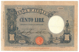 100 LIRE BARBETTI GRANDE B AZZURRO TESTINA FASCIO 09/04/1928 BB/BB+ - Sonstige