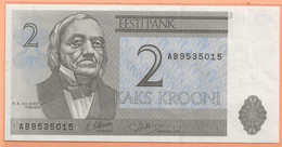 Billets. Estonia. Eesti Pank. 2 Krooni. K. E. Von Baer.1992. N°AB9535015 - Estonie