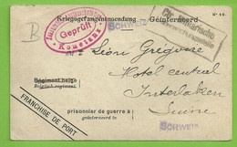 Kriegsgefangenen-sendung -Geinterneerd  / Sars-la-Bruyere , Naar INTERLEKEN, Stempel Censuur KONSTANZ  (4232) - Kriegsgefangenschaft