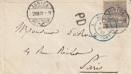 Cachet D'entrée Suisse Belfort Sur Lettre De Zürich 1872 - Marques D'entrées