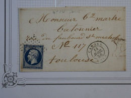BO3 FRANCE BELLE LETTRE RR DESSINEE 1856  CAHORS A TOULOUSE +N°14 FONCé++ AFF. PLAISANT++ - 1853-1860 Napoléon III.