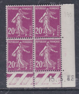 France N° 190 XX  Semeuse : 20 C. Lilas-rose  En Bloc De 4 Coin Daté Du 15 . 3 . 38  1 Point Blanc, Sans Charnière, TB - ....-1929