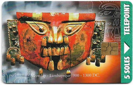 Peru - Telepoint - Incas Culture - Lambayeque Mask, Cn. Down Left, Gem1B Not Symm. Red, 5Sol, Used - Perù